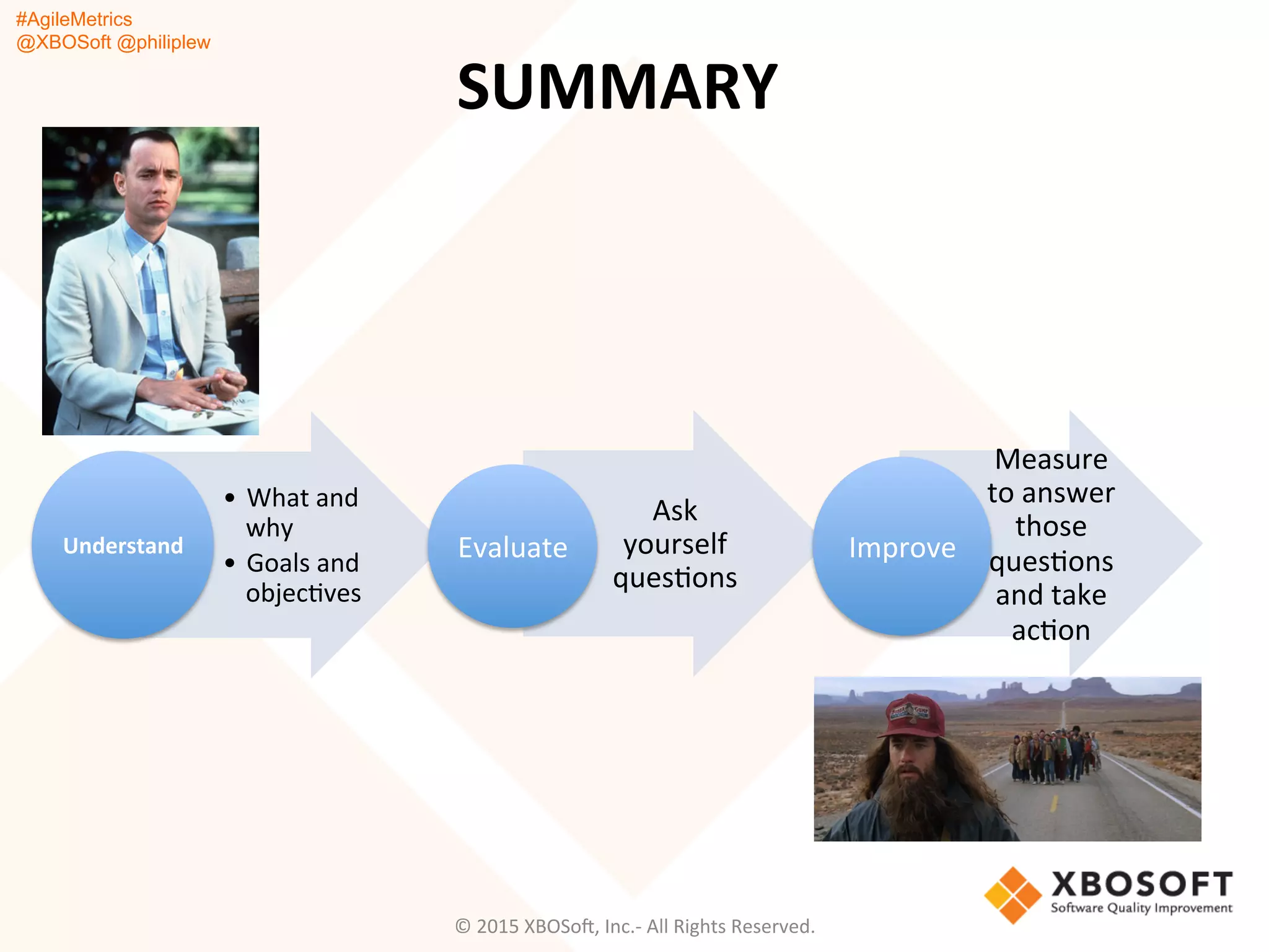 #AgileMetrics
@XBOSoft @philiplew
•  What	
  and	
  
why	
  
•  Goals	
  and	
  
objecQves	
  
Understand	
  
Ask	
  
yourself	
  
quesQons	
  
Evaluate	
  
Measure	
  
to	
  answer	
  
those	
  
quesQons	
  
and	
  take	
  
acQon	
  
Improve	
  
SUMMARY	
  
©	
  2015	
  XBOSoF,	
  Inc.-­‐	
  All	
  Rights	
  Reserved.	
  
 