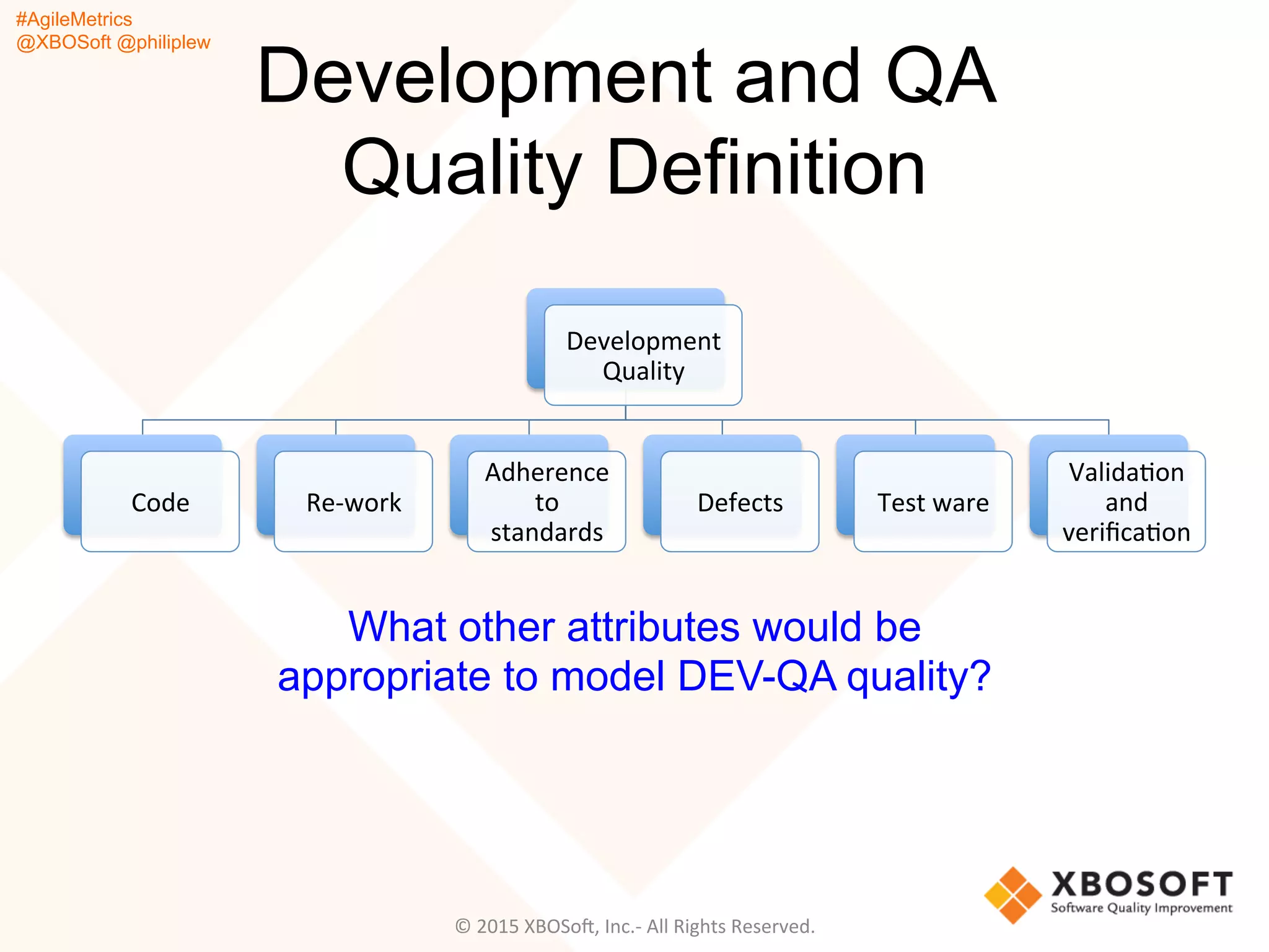 #AgileMetrics
@XBOSoft @philiplew
Development and QA
Quality Definition
Development	
  
Quality	
  
Code	
   Re-­‐work	
  
Adherence	
  
to	
  
standards	
  
Defects	
   Test	
  ware	
  
ValidaQon	
  
and	
  
veriﬁcaQon	
  
©	
  2015	
  XBOSoF,	
  Inc.-­‐	
  All	
  Rights	
  Reserved.	
  
What other attributes would be
appropriate to model DEV-QA quality?
 