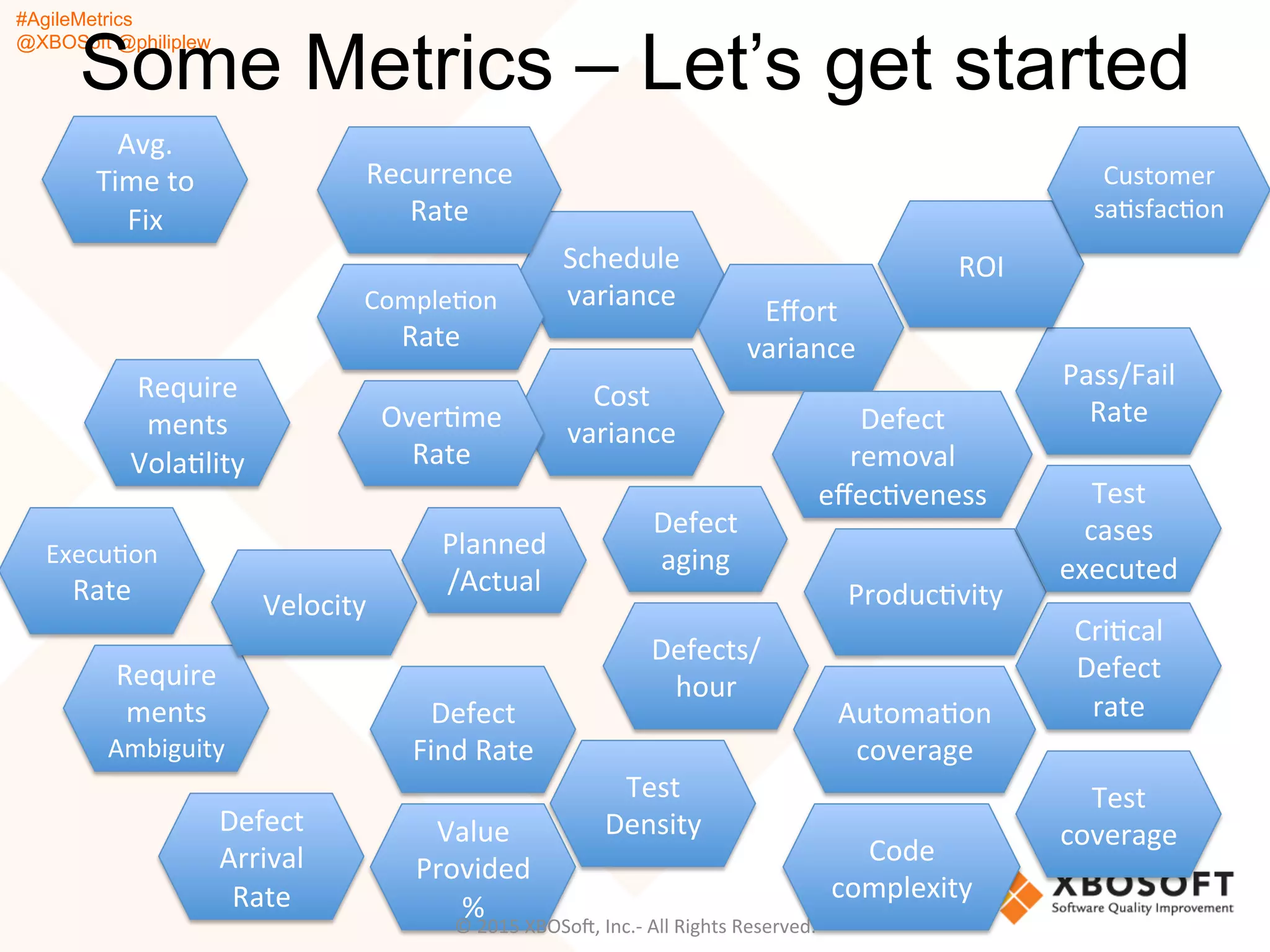#AgileMetrics
@XBOSoft @philiplew
Some Metrics – Let’s get started
Schedule	
  
variance	
  
Eﬀort	
  
variance	
  
Cost	
  
variance	
   Defect	
  
removal	
  
eﬀecQveness	
  
ProducQvity	
  
Defect	
  
aging	
  
CriQcal	
  
Defect	
  
rate	
  
Test	
  
cases	
  
executed	
  
Test	
  
coverage	
  
Pass/Fail	
  
Rate	
  
ROI	
  
AutomaQon	
  
coverage	
  
Value	
  
Provided	
  
%	
  
Defects/
hour	
  
Customer	
  
saQsfacQon	
  
Avg.	
  
Time	
  to	
  
Fix	
  
Recurrence	
  
Rate	
  
Code	
  
complexity	
  
Test	
  
Density	
  
Defect	
  
Find	
  Rate	
  
Defect	
  
Arrival	
  
Rate	
  
Require
ments	
  
VolaQlity	
  
Require
ments	
  
Ambiguity	
  
Planned
/Actual	
  
OverQme	
  
Rate	
  
CompleQon	
  
Rate	
  
Velocity	
  
ExecuQon	
  
Rate	
  
©	
  2015	
  XBOSoF,	
  Inc.-­‐	
  All	
  Rights	
  Reserved.	
  
 