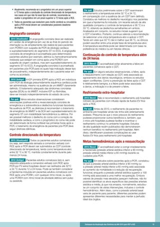Destaques da Atualização das Diretrizes da AHA 2015 para RCP e ACE 	 15	 Destaques da Atualização das Diretrizes da AHA 2015 para RCP e ACE 	 15
•	 Atualmente, recomenda-se o prognóstico em um prazo superior
a 72 horas após a conclusão do controle direcionado de temperatura;
nos casos em que não há esse tipo de controle, recomenda-se
avaliar o prognóstico em um prazo superior a 72 horas após a RCE.
•	 Todos os pacientes que evoluírem para morte cerebral ou circulatória
após a PCR inicial devem ser considerados possíveis doadores
de órgãos.
Angiografia coronária
2015 (Atualizado): A angiografia coronária deve ser realizada
em caráter de emergência (em vez de ao final do período de
internação ou de simplesmente não realizá-la) para pacientes
com PCREH com suspeita de PCR de etiologia cardíaca
e supradesnivelamento do segmento ST no ECG. A angiografia
coronária de emergência é aconselhada para determinados
pacientes adultos (por exemplo, elétrica ou hemodinamicamente
instáveis) que estejam em coma após uma PCREH com
suspeita de origem cardíaca, mas sem supradesnivelamento do
segmento ST no ECG. A angiografia coronária é aconselhada
em pacientes pós-PCR para os quais haja indicação desse tipo
de procedimento, independentemente de o paciente estar em
coma ou acordado.
2010 (Antigo): A ICP primária (ICPP) após a RCE em indivíduos
com PCR de etiologia presumidamente isquêmica cardíaca pode
ser administrada, mesmo na ausência de um IAMST claramente
definido. O tratamento adequado das síndromes coronárias
agudas (SCA) ou do IAMST, inclusive ICP ou fibrinólise,
deve ser iniciado independentemente do estado de coma.
Por quê: Vários estudos observacionais constataram
associações positivas entre a revascularização coronária de
emergência e a sobrevivência e desfechos funcionais favoráveis.
Na ausência de PCR, as diretrizes já recomendam o tratamento
de emergência do IAMST e da SCA sem supradesnivelamento do
segmento ST com instabilidade hemodinâmica ou elétrica. Por
ser possível melhorar o desfecho do coma com a correção da
instabilidade cardíaca, e como o prognóstico do coma não pode
ser determinado de forma confiável nas primeiras horas após a
PCR, o tratamento de emergência de pacientes pós-PCR deve
seguir diretrizes idênticas.
Controle direcionado da temperatura
2015 (Atualizado): Todos os pacientes adultos comatosos
(ou seja, sem resposta sensata a comandos verbais) com
RCE após a PCR devem ser submetidos ao CDT (controle
direcionado de temperatura), tendo como temperatura-alvo
entre 32 °C e 36 °C, mantida constantemente durante pelo
menos 24 horas.
2010 (Antigo): Pacientes adultos comatosos (isto é, sem
resposta adequada a comandos verbais) com RCE após
PCR por FV extra-hospitalar devem ser resfriados até 32°C
a 34 °C durante 12 a 24 horas. Pode-se também considerar
a hipotermia induzida em pacientes adultos comatosos com
RCE após uma PCRIH, com qualquer ritmo inicial, ou após
uma PCREH com ritmo inicial de atividade elétrica sem pulso
ou assístole.
Por quê: Estudos preliminares sobre o CDT examinaram
o resfriamento a temperaturas entre 32 °C e 34 °C,
em comparação com a ausência de um CDT bem definido.
Constatou-se melhora no desfecho neurológico nos pacientes
em que a hipotermia foi induzida. Um recente estudo de alta
qualidade comparou o controle da temperatura a 36 °C e a
33 °C, obtendo-se desfechos semelhantes em ambos.
Analisados em conjunto, os estudos iniciais sugerem que
o CDT é benéfico. Portanto, continua valendo a recomendação
de selecionar uma única temperatura-alvo e aplicar o CDT.
Tendo em vista que 33 °C não é melhor que 36 °C, os clínicos
podem escolher entre uma ampla faixa de temperaturas-alvo.
A temperatura escolhida pode ser determinada com base na
preferência do médico ou em fatores clínicos.
Continuação do controle de temperatura além
de 24 horas
2015 (Novo): É aconselhável evitar ativamente a febre em
pacientes comatosos após o CDT.
Por quê: Em alguns estudos observacionais, a febre, após
o reaquecimento com relação ao CDT, está associada ao
agravamento dos danos neurológicos, embora os estudos
sejam conflitantes. Como a prevenção da febre após o CDT
é relativamente benigna, e a febre pode estar associada
a danos, a indicação é a de prevenir a febre.
Resfriamento extra-hospitalar
2015 (Novo): Não é recomendado o resfriamento pré-hospitalar
rotineiro de pacientes com infusão rápida de fluidos EV frios
após a RCE.
Por quê: Antes de 2010, o resfriamento de pacientes no
ambiente pré-hospitalar ainda não tinha sido extensamente
avaliado. Presumia-se que o início precoce do resfriamento
pudesse proporcionar outros benefícios e, também, que
o início pré-hospitalar pudesse facilitar e incentivar o
resfriamento contínuo no ambiente hospitalar. Estudos
de alta qualidade recém-publicados não demonstraram
nenhum benefício no resfriamento pré-hospitalar. Além
disso, identificaram possíveis complicações ao usar
fluidos EV frios para resfriamento pré-hospitalar.
Metas hemodinâmicas após a ressuscitação
2015 (Novo): É aconselhável evitar e corrigir imediatamente
a hipotensão (pressão arterial sistólica inferior a 90 mmHg,
pressão arterial média inferior a 65 mmHg) durante os
cuidados pós-PCR.
Por quê: Em estudos sobre pacientes após a PCR, constatou-
se que a pressão arterial sistólica inferior a 90 mmHg ou
a pressão arterial média inferior a 65 mmHg está associada
ao aumento da mortalidade e à redução da recuperação
funcional, enquanto a pressão arterial sistólica superior a 100
mmHg está associada a uma melhor recuperação. Embora
valores de pressão mais elevados pareçam melhores, não foi
possível identificar os alvos específicos das pressões arteriais
sistólica e média, já que nos ensaios, normalmente, estudou-
se um conjunto de várias intervenções, inclusive o controle
hemodinâmico. Além disso, como a pressão arterial basal
varia de paciente para paciente, diferentes pacientes podem
apresentar diferentes necessidades para manter a perfusão
ideal dos órgãos.
 