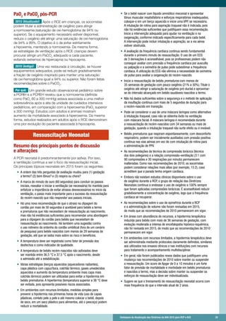 Destaques da Atualização das Diretrizes da AHA 2015 para RCP e ACE 	 25	 Destaques da Atualização das Diretrizes da AHA 2015 para RCP e ACE 	 25
PaO2
e PaCO2
pós-PCR
2015 (Atualizado): Após o RCE em crianças, os socorristas
podem titular a administração de oxigênio para atingir
a normoxemia (saturação de oxi-hemoglobina de 94% ou
superior). Se o equipamento necessário estiver disponível,
reduza o oxigênio até atingir uma saturação de oxi-hemoglobina
de 94% a 99%. O objetivo é o de evitar estritamente
a hipoxemia, mantendo a normoxemia. Da mesma forma,
as estratégias de ventilação após o RCE crianças devem
procurar atingir um PaCO2
adequado a cada paciente,
evitando extremos de hipercapnia ou hipocapnia.
2010 (Antigo): Uma vez restaurada a circulação, se houver
equipamentos adequados, pode-se reduzir gradativamente
a fração de oxigênio inspirado para manter uma saturação
de oxi-hemoglobina igual a 94% ou superior. Não foram feitas
recomendações sobre o PaCO2
.
Por quê: Um grande estudo observacional pediátrico sobre
a PCRIH e a PCREH revelou que a normoxemia (definida
como PaO2
60 a 300 mmHg) estava associada a uma melhor
sobrevivência após a alta da unidade de cuidados intensivos
pediátricos, em comparação com a hiperoxemia (PaO2
superior
a 300 mmHg). Estudos com adultos e animais mostram
aumento da mortalidade associado à hiperoxemia. Da mesma
forma, estudos realizados em adultos após o RCE demonstram
uma pior evolução do paciente associada à hipocapnia.
Ressuscitação Neonatal
Resumo dos principais pontos de discussão
e alterações
A PCR neonatal é predominantemente por asfixia. Por isso,
a ventilação continua a ser o foco da ressuscitação inicial.
Os principais tópicos neonatais em 2015 foram os seguintes:
•	 A ordem das três perguntas de avaliação mudou para (1) gestação
a termo? (2) bom tônus? e (3) respira ou chora?
•	 A marca do minuto de ouro (60 segundos) para concluir os passos
iniciais, reavaliar e iniciar a ventilação (se necessária) foi mantida para
enfatizar a importância de evitar atrasos desnecessários no início da
ventilação, o passo mais importante para o sucesso da ressuscitação
do recém-nascido que não responder aos passos iniciais.
•	 Há uma nova recomendação de que o atraso na clipagem do
cordão por mais de 30 segundos é aceitável para bebês a termo
e prematuros que não necessitam de ressuscitação ao nascimento,
mas não há evidências suficientes para recomendar uma abordagem
para a clipagem do cordão para bebês que necessitam de
ressuscitação ao nascimento. Há também uma sugestão contra
o uso rotineiro da ordenha do cordão umbilical (fora de um cenário
de pesquisa) para bebês nascidos com menos de 29 semanas de
gestação, até que se saiba mais sobre os risco e benefícios.
•	 A temperatura deve ser registrada como fator de previsão dos
desfechos e como indicador de qualidade.
•	 A temperatura de bebês recém-nascidos não asfixiados deve
ser mantida entre 36,5 °C e 37,5 °C após o nascimento, desde
a admissão até a estabilização.
•	 Várias estratégias (berços aquecidos (aquecedores radiantes),
capa plástica com capuz/toca, colchão térmico, gases umedecidos
aquecidos e aumento da temperatura ambiente mais capa mais
colchão térmico) podem ser utilizadas para evitar a hipotermia em
bebês prematuros. A hipertermia (temperatura superior a 38 °C deve
ser evitada, pois apresenta possíveis riscos associados.
•	 Em ambientes com recursos limitados, medidas simples para
prevenir a hipotermia nas primeiras horas de vida (uso de capas
plásticas, contato pele a pele e até mesmo colocar o bebê, depois
de seco, em um saco plástico para alimentos, até o pescoço) podem
reduzir a mortalidade.
•	 Se o bebê nascer com líquido amniótico meconial e apresentar
tônus ​​muscular insatisfatório e esforços respiratórios inadequados,
coloque-o em um berço aquecido e inicie uma VPP, se necessário.
A intubação de rotina para aspiração traqueal não é indicada, pois
não há evidências suficientes que justifiquem essa recomendação.
Inicie a intervenção adequada para ajudar na ventilação e na
oxigenação, conforme indicado especificamente para cada bebê.
A intervenção pode incluir intubação e aspiração, se a via aérea
estiver obstruída.
•	 A avaliação da frequência cardíaca continua sendo fundamental
durante o primeiro minuto de ressuscitação. O uso de um ECG
de 3 derivações é aconselhável, pois os profissionais podem não
conseguir avaliar com precisão a frequência cardíaca por ausculta
ou palpação e a oximetria de pulso pode subestimar a frequência
cardíaca. A utilização do ECG não elimina a necessidade de oximetria
de pulso para avaliar a oxigenação do recém-nascido.
•	 Inicie a ressuscitação de bebês prematuros com menos de
35 semanas de gestação com pouco oxigênio (21% a 30%). Titule o
oxigênio até atingir a saturação de oxigênio pré-ductal e aproximar-
se do intervalo alcançado em bebês saudáveis nascidos a termo.
•	 Não há dados suficientes sobre a segurança e o método de aplicação
da insuflação contínua com mais de 5 segundos de duração para
o recém-nascido em transição.
•	 Pode-se considerar o uso de uma máscara laríngea como alternativa
à intubação traqueal, caso não se obtenha êxito na ventilação
com máscara facial. A máscara laríngea é recomendada durante
a ressuscitação de recém-nascidos com 34 semanas ou mais de
gestação, quando a intubação traqueal não surte efeito ou é inviável.
•	 Bebês prematuros que respiram espontaneamente, com desconforto
respiratório, podem ser inicialmente auxiliados com pressão positiva
contínua nas vias aéreas em vez de com intubação de rotina para
a administração de PPV.
•	 As recomendações da técnica de compressão torácica (técnica
dos dois polegares) e a relação compressão-ventilação (3:1 com
90 compressões e 30 respirações por minuto) permanecem
inalteradas. Como nas recomendações de 2010, os socorristas
podem considerar relações mais altas (por exemplo, 15:2), caso
acreditem que a parada tenha origem cardíaca.
•	 Embora não existam estudos clínicos disponíveis sobre o uso
de oxigênio durante a RCP, o grupo de redação das Diretrizes
Neonatais continua a endossar o uso de oxigênio a 100% sempre
que foram aplicadas compressões torácicas. É aconselhável reduzir
gradativamente a concentração de oxigênio, logo que a frequência
cardíaca se recuperar.
•	 As recomendações sobre o uso de epinefrina durante a RCP
e a administração de volume não foram revisadas em 2015,
de modo que as recomendações de 2010 permanecem em vigor.
•	 Em áreas com abundância de recursos, a hipotermia terapêutica
induzida para bebês com mais de 36 semanas de gestação, com
evolução moderada a intensa de encefalopatia hipóxico-isquêmica,
não foi revisada em 2015, de modo que as recomendações de 2010
permanecem em vigor.
•	 Em ambientes com recursos limitados, a hipotermia terapêutica deve
ser administrada mediante protocolos claramente definidos, similares
aos utilizados nos ensaios clínicos e nas instituições com recursos
para tratamento e acompanhamento multidisciplinar.
•	 Em geral, não foram publicados novos dados que justifiquem uma
mudança nas recomendações de 2010 sobre manter ou suspender
a ressuscitação. Um score de Apgar de 0 a 10 minutos é um forte
fator de previsão de mortalidade e morbidade em bebês prematuros
e nascidos a termo, mas a decisão sobre manter ou suspender os
esforços de ressuscitação deve ser individualizada.
•	 Sugere-se que o treinamento de ressuscitação neonatal ocorra com
mais frequência do que o intervalo atual de 2 anos.
 