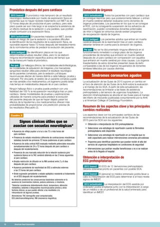 16	 American Heart Association	16	 American Heart Association
Pronóstico después del paro cardíaco
2015 (nuevo): El pronóstico más temprano de un resultado
neurológico desfavorable por medio de exploración física en
pacientes que no hayan recibido tratamiento con MET es de
72 horas después de producirse el paro cardíaco, pero este
plazo puede ser aún más largo si se sospecha la existencia de
un efecto residual de la sedación o una parálisis, que podrían
añadir confusión a la exploración física.
2015 (actualizado): En pacientes tratados con MET, donde
existe un riesgo de que la sedación o la parálisis dificulten
la identificación de los resultados de la exploración física, es
razonable esperar hasta 72 horas después del restablecimiento
de la normotermia antes de predecir la evolución del paciente.
2010 (antiguo): Se identificaron plazos en los que
determinadas pruebas resultan útiles, pero no se elaboró
ninguna recomendación específica acerca del tiempo que
ha de transcurrir hasta el pronóstico.
Por qué: Los hallazgos clínicos, las modalidades electrofisiológicas,
las modalidades de adquisición de imágenes y los marcadores
sanguíneos resultan útiles para predecir el resultado neurológico
de los pacientes comatosos, pero la sedación y el bloqueo
neuromuscular afectan de manera distinta a cada hallazgo, prueba y
marcador. Por otra parte, el cerebro de un paciente comatoso puede
ser más sensible a los medicamentos y el organismo podría tardar
más tiempo en metabolizarlos después de un paro cardíaco.
Ningún hallazgo físico o prueba puede predecir con una
fiabilidad del 100 % la recuperación neurológica tras un paro
cardíaco. Varias modalidades de pruebas y exploraciones
utilizadas de manera conjunta para predecir la evolución
del paciente después de que se hayan dejado pasar los
efectos de la hipotermia y los medicamentos ofrecen más
probabilidades de proporcionar una predicción precisa de
los resultados (Recuadro 2).
Donación de órganos
2015 (actualizado): Todos los pacientes con paro cardíaco que
se consigue reanimar pero que posteriormente fallecen o entran
en muerte cerebral deberían evaluarse como donantes de
órganos potenciales. Los pacientes en los que no se consigue
el RCE, con la consiguiente suspensión de los esfuerzos de
reanimación, pueden considerarse donantes potenciales
de riñón o hígado en entornos donde existen programas
de recuperación rápida de órganos.
2010 (antiguo): Los pacientes adultos que entran en muerte
cerebral después de la reanimación tras un paro cardíaco
deberían tenerse en cuenta para la donación de órganos.
Por qué: No se ha documentado ninguna diferencia en el
funcionamiento inmediato o a largo plazo de los órganos
procedentes de donantes que entraron en muerte cerebral
después de un paro cardíaco en comparación con aquellos
que entraron en muerte cerebral por otras causas. Los órganos
trasplantados de estos donantes presentan tasas de éxito
comparables a las de los órganos recuperados de donantes
similares fallecidos por causas distintas.
Síndromes coronarios agudos
La actualización de las Guías de 2015 supone un cambio en
el foco de atención de las Guías de la AHA sobre la evaluación
y el manejo de los SCA. A partir de esta actualización, las
recomendaciones se limitarán a las fases de asistencia
prehospitalaria y del servicio de urgencias hospitalario. La
atención intrahospitalaria se aborda en las Guías para el manejo
del infarto de miocardio publicadas conjuntamente por la AHA
y el American College of Cardiology Foundation.
Resumen de los aspectos clave y los principales
cambios realizados
Los aspectos clave con los principales cambios de las
recomendaciones de la actualización de las Guías de
2015 para los SCA son los siguientes:
•	 Obtención e interpretación de ECG prehospitalarias
•	 Seleccionar una estrategia de reperfusión cuando la fibrinolisis
prehospitalaria esté disponible
•	 Seleccionar una estrategia de reperfusión en un hospital que no
	 esté capacitado para realizar intervenciones coronarias percutáneas
•	 Troponina para identificar pacientes que puedan recibir el alta del
servicio de urgencias hospitalario en condiciones de seguridad
•	 Intervenciones que podrían resultar beneficiosas o no si se realizan
antes de la llegada al hospital
Obtención e interpretación de
ECG prehospitalarias
2015 (nuevo): El ECG de 12 derivaciones prehospitalario
debería obtenerse pronto en pacientes con posible SCA.
2015 (nuevo): El personal no médico entrenado podría llevar a
cabo la interpretación del ECG para determinar si el trazo revela
signos de IMEST.
2015 (actualizado): La interpretación del ECG asistida por
ordenador podría emplearse junto con la interpretación a cargo
de un médico o de un profesional de la salud entrenado para
identificar un IMEST.
Cuadro 2
Signos clínicos útiles que se
asocian con secuelas neurológicas*
	• Ausencia de reflejo pupilar a la luz a las 72 o más horas del
paro cardíaco
	• Presencia de estado mioclónico (diferente de contracciones mioclónicas
aisladas) durante las primeras 72 horas posteriores al paro cardíaco
	• Ausencia de onda cortical N20 evaluada mediante potenciales evocados
somatosensoriales de 24 a 72 horas después del paro cardíaco o
después del recalentamiento
	• Presencia de una marcada reducción de la relación sustancia gris/
sustancia blanca en la TAC cerebral obtenida en las 2 horas siguientes
al paro cardíaco
	• Amplia restricción de difusión en la RM cerebral entre 2 y 6 días
después del paro cardíaco
	• Ausencia persistente de reactividad de EEG a estímulos externos
a las 72 horas del paro cardíaco
	• Brote-supresión persistente o estado epiléptico resistente al tratamiento
en el EEG después del recalentamiento
No deberían predecirse las consecuencias basándose solamente en la
ausencia de movimientos motores, postura extensora, o mioclonía.
*Deberían considerarse detenidamente shock, temperatura, alteración
metabólica, sedantes o bloqueantes neuromusculares previos y otros
factores clínicos, ya que pueden afectar a los resultados o la
interpretación de algunas pruebas.
Abreviaturas: TAC (tomografía axial computarizada);
EEG (electroencefalograma); RM (resonancia magnética).
 