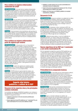20	 American Heart Association	20	 American Heart Association
Paro cardíaco en mujeres embarazadas:
realización de la RCP
2015 (actualizado): En el caso de las mujeres embarazadas
que sufren un paro cardíaco, la prioridad se sitúa en realizar
una RCP de alta calidad y en retirar la compresión aortocava.
Si el fundus se encuentra a la altura del ombligo o por encima,
el desplazamiento uterino manual hacia la izquierda puede ser
beneficioso para retirar la compresión aortocava durante las
compresiones torácicas.
2010 (antiguo): A fin de retirar la compresión aortocava durante
las compresiones torácicas y optimizar la calidad de la RCP,
es razonable realizar en primer lugar un desplazamiento uterino
manual hacia la izquierda en posición decúbito supino. Si esta
técnica no da resultado y se dispone de una cuña apropiada,
los profesionales pueden considerar la colocación de la paciente
en un ángulo de inclinación lateral izquierda de 27° a 30°
empleando una cuña firme para sostener la pelvis y el tórax.
Por qué: El reconocimiento de la importancia vital que tiene la
RCP de alta calidad y la incompatibilidad de la inclinación lateral
con una RCP de alta calidad ha dado lugar a la supresión de
la recomendación consistente en utilizar la inclinación lateral y
el refuerzo de la recomendación de recurrir al desplazamiento
uterino lateral.
Paro cardíaco en mujeres embarazadas:
parto de urgencia por cesárea
2015 (actualizado): En situaciones como un traumatismo
materno con supervivencia inviable o ausencia de pulso
prolongada de la madre, en las que los esfuerzos por reanimar
a la madre no den ningún resultado, no existe motivo para
retrasar el parto por cesárea perimortem (PCPM). El PCPM se
debería considerar transcurridos 4 minutos desde el comienzo
del paro cardíaco materno o de los esfuerzos de reanimación
(en el caso de un paro cardíaco sin testigos presenciales) si no
se observa RCE de la madre. La decisión clínica de realizar un
PCPM (y los plazos del mismo con respecto al paro cardíaco
materno) es compleja debido a la variabilidad en cuanto al nivel
del profesional que realiza la intervención y el entrenamiento del
equipo clínico, los factores relacionados con la paciente (por
ejemplo, origen del paro cardíaco, edad gestacional del feto)
y los recursos del sistema.
2010 (antiguo): El parto de urgencia por cesárea puede
considerarse a los 4 minutos desde el comienzo del paro
cardíaco de la madre y si no se observa RCE.
Por qué: El PCPM ofrece la oportunidad de realizar una
reanimación independiente del feto potencialmente viable y
la retirada en última instancia de la compresión aortocava,
lo que podría mejorar el resultado de la reanimación materna.
El escenario clínico y las circunstancias del paro cardíaco
deberían servir para fundamentar la decisión definitiva en
torno a los plazos del parto de urgencia por cesárea.
Soporte vital básico
pediátrico y calidad de la RCP
Resumen de los aspectos clave y los principales
cambios realizados
Los cambios que afectan al SVB/BLS pediátrico son similares a
los realizados en el SVB/BLS para adultos. En este caso se han
revisado los siguientes temas:
•	 Confirmar la secuencia C-A-B como secuencia preferida para
la RCP pediátrica
•	 Nuevos algoritmos de las RCP pediátricas con 1 reanimador PS y con
varios reanimadores PS en la era de los teléfonos móviles
•	 Establecer un límite superior de 6 cm para la profundidad de la
compresión torácica en adolescentes
•	 Copiar la frecuencia de compresiones torácicas de 100 a 120 cpm
recomendada para el SVB/BLS para adultos
•	 Reiterar con firmeza que en el SVB/BLS pediátrico se necesitan
compresiones y ventilación
Secuencia C-A-B
2015 (actualizado): Aunque la cantidad y la calidad de los datos
que lo respaldan son limitadas, parece razonable mantener
la secuencia indicada en las Guías de 2010 comenzando la
RCP con C-A-B en lugar de con A-B-C. Faltan conocimientos,
y se precisan estudios específicos para investigar cuál es la
secuencia ideal de RCP en niños.
2010 (antiguo): En lactantes y niños, comenzar la RCP con
compresiones torácicas en lugar de ventilación de rescate (C-A-B
en lugar de A-B-C). La RCP debe comenzar con 30 compresiones
(en la reanimación realizada por un único reanimador) o con
15 compresiones (en la reanimación de lactantes y niños
efectuada por 2 PS) en lugar de con 2 ventilaciones.
Por qué: A falta de nuevos datos, no se ha modificado la
secuencia de 2010. Un mismo orden de Compresiones,
Apertura de la vía aérea y Buena ventilación para la RCP en
víctimas de todas las edades puede ser lo más fácil de recordar
y realizar para los reanimadores que atienden a personas de
todas las edades. Mantener la misma secuencia para adultos
y niños contribuye a unificar la enseñanza que se imparte.
Nuevos algoritmos de las RCP con 1 reanimador
y con varios reanimadores PS
Se han separado los algoritmos para las RCP pediátricas con
1 reanimador PS y con varios reanimadores PS (Figuras 7 y 8)
con el fin de orientar mejor a los reanimadores en las fases
iniciales de reanimación en una época en la que los teléfonos
móviles de mano con altavoces son algo corriente. Estos
dispositivos pueden permitir que un único reanimador active
una respuesta a emergencias mientras comienza la RCP;
el reanimador puede continuar hablando con el operador
telefónico de emergencias durante la RCP. Estos algoritmos
siguen recalcando la gran prioridad de la RCP de alta calidad
y, en caso de colapso súbito presenciado por alguna persona,
la de obtener un DEA rápidamente, ya que es probable que
un evento así tenga una etiología cardíaca.
Profundidad de la compresión torácica
2015 (actualizado): Es razonable que los reanimadores realicen
compresiones torácicas que hundan el tórax al menos un
tercio del diámetro anteroposterior del mismo en los pacientes
pediátricos (de lactantes [menos de 1 año de edad] a niños
hasta el inicio de la pubertad). Esto equivale, aproximadamente,
a 1,5 pulgadas (4 cm) en lactantes y a 5 cm (2 pulgadas) en
niños. Una vez que los niños alcanzan la pubertad (es decir,
ya son adolescentes), se utiliza la profundidad de compresiones
recomendada en adultos de al menos 5 cm (2 pulgadas) y,
como máximo, 6 cm (2,4 pulgadas).
2010 (antiguo): Para que las compresiones torácicas sean
eficaces, los reanimadores deben comprimir al menos un
tercio del diámetro anteroposterior del tórax. Esto equivale
a 1,5 pulgadas (4 cm) aproximadamente en la mayoría de los
lactantes, y a alrededor de 5 cm (2 pulgadas) en la mayoría
de los niños.
Por qué: Según un estudio realizado en adultos, las
compresiones torácicas de una profundidad superior a 6 cm
(2,4 pulgadas) pueden producir daños. En consecuencia,
se modificó la recomendación de SVB/BLS para adultos
para establecer un límite superior de la profundidad de la
compresión torácica; los expertos en pediatría aceptaron
esta recomendación para los adolescentes que han pasado
la pubertad. Un estudio pediátrico observó una mejora
 
