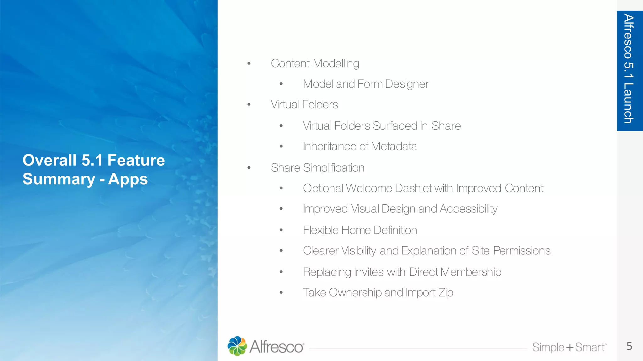 5
Overall  5.1  Feature
Summary  -­ Apps
Alfresco5.1Launch
• Content Modelling
• Model and Form Designer
• Virtual Folders
• Virtual Folders Surfaced In Share
• Inheritance of Metadata
• Share Simplification
• Optional Welcome Dashlet with Improved Content
• Improved Visual Design and Accessibility
• Flexible Home Definition
• Clearer Visibility and Explanation of Site Permissions
• Replacing Invites with Direct Membership
• Take Ownership and Import Zip
 