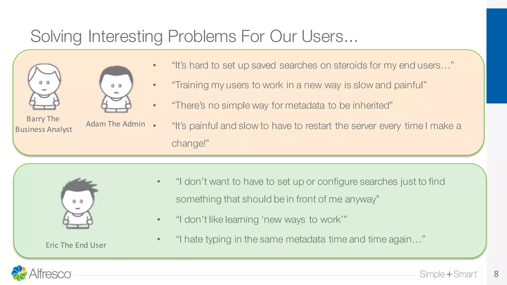 Solving Interesting Problems For Our Users...
8
• “I don’t want to have to set up or configure searches just to find
something that should be in front of me anyway”
• “I don’t like learning ‘new ways to work’”
• “I hate typing in the same metadata time and time again…”
Eric	
  The	
  End	
  User
• “It’s hard to set up saved searches on steroids for my end users…”
• “Training my users to work in a new way is slow and painful”
• “There’s no simple way for metadata to be inherited”
• “It’s painful and slow to have to restart the server every time I make a
change!”
Adam	
  The	
  Admin
Barry	
  The	
  
Business	
  Analyst
 