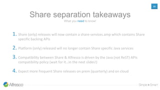 15
Share separation takeaways
1. Share (only) releases will now contain a share-services.amp which contains Share
specific backing APIs
2. Platform (only) released will no longer contain Share specific Java services
3. Compatibility between Share & Alfresco is driven by the Java (not ReST) APIs
compatibility policy (wait for it…in the next slides!)
4. Expect more frequent Share releases on prem (quarterly) and on cloud
What you need to know!
 
