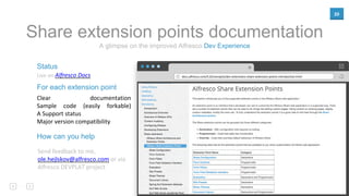 20
docs.alfresco.com/5.0/concepts/dev-extensions-share-extension-points-introduction.html
Status
Live on Alfresco Docs
For each extension point
Clear documentation
Sample code (easily forkable)
A Support status
Major version compatibility
A glimpse on the improved Alfresco Dev Experience
Share extension points documentation
How can you help
Send feedback to me,
ole.hejlskov@alfresco.com or via
Alfresco DEVPLAT project
 