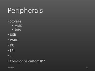 Peripherals
• Storage
• MMC
• SATA
• USB
• PMIC
• I2C
• SPI
• …
• Common vs custom IP?
2015/8/25 16
 