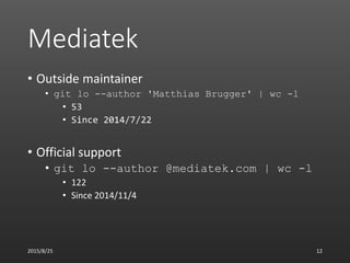 Mediatek
• Outside maintainer
• git lo --author 'Matthias Brugger' | wc -l
• 53
• Since 2014/7/22
• Official support
• git...