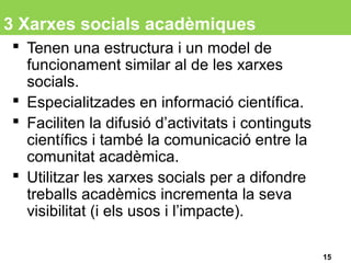 3 Xarxes socials acadèmiques
 Tenen una estructura i un model de
funcionament similar al de les xarxes
socials.
 Especialitzades en informació científica.
 Faciliten la difusió d’activitats i continguts
científics i també la comunicació entre la
comunitat acadèmica.
 Utilitzar les xarxes socials per a difondre
treballs acadèmics incrementa la seva
visibilitat (i els usos i l’impacte).
15
 