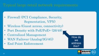 22
Typical large retail network requirements
• Firewall (PCI Compliance, Security,
Segmentation, VPN)
• Wireless (Guest access, connectivity)
• Port Density with PoE/PoE+ (26/48)
• Centralized Management
• WAN Failover (Analog/3G/4G)
• End Point Enforcement
How do
we
address
this?
 