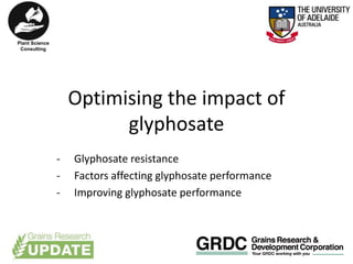 Optimising the impact of
glyphosate
- Glyphosate resistance
- Factors affecting glyphosate performance
- Improving glyphosate performance
Plant Science
Consulting
 