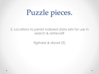 Puzzle pieces.
3. Locations to persist indexed data sets for use in
search & retrieval?
figshare & dryad (?)
 