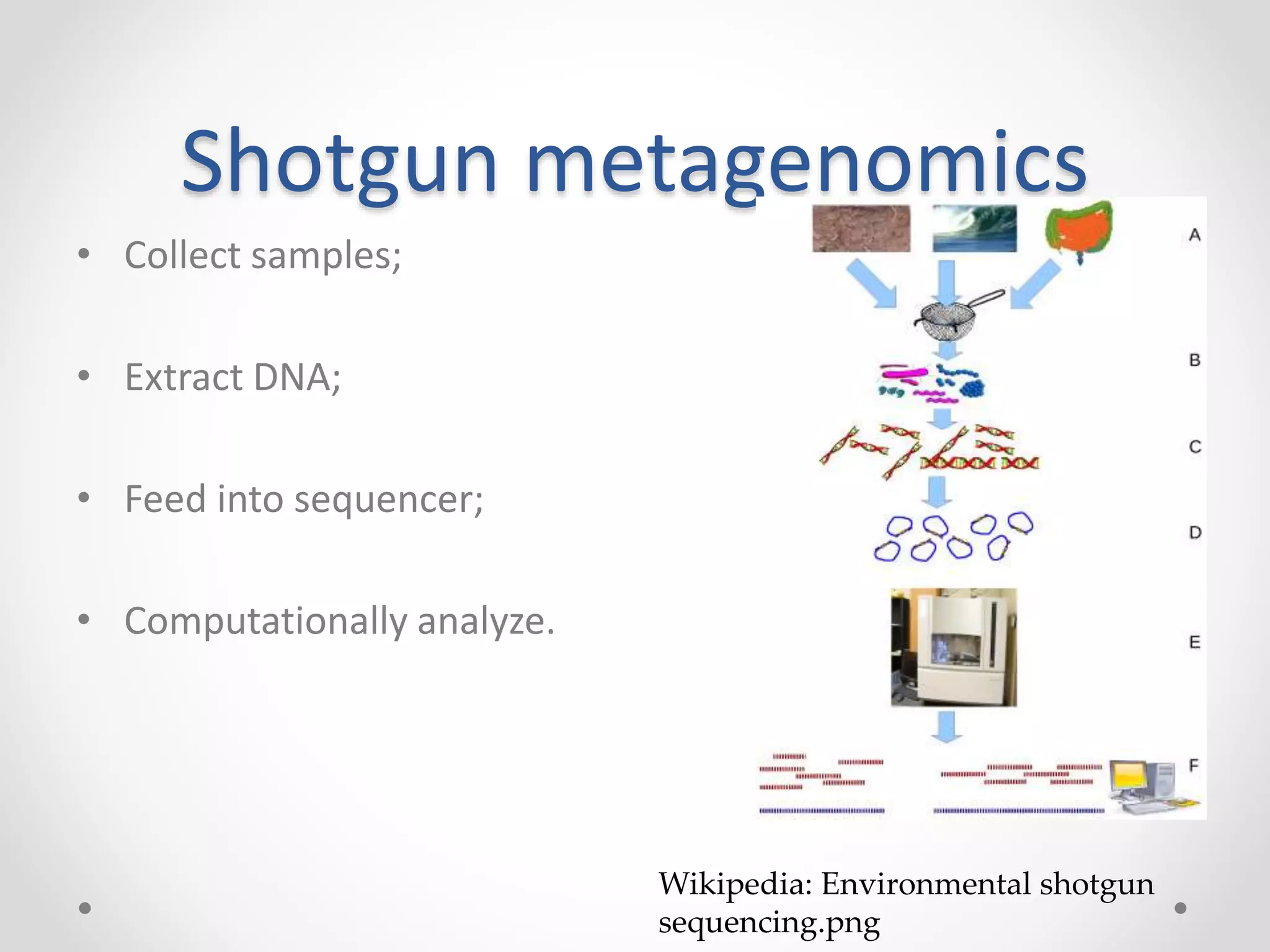 Shotgun metagenomics
• Collect samples;
• Extract DNA;
• Feed into sequencer;
• Computationally analyze.
Wikipedia: Environmental shotgun
sequencing.png
 