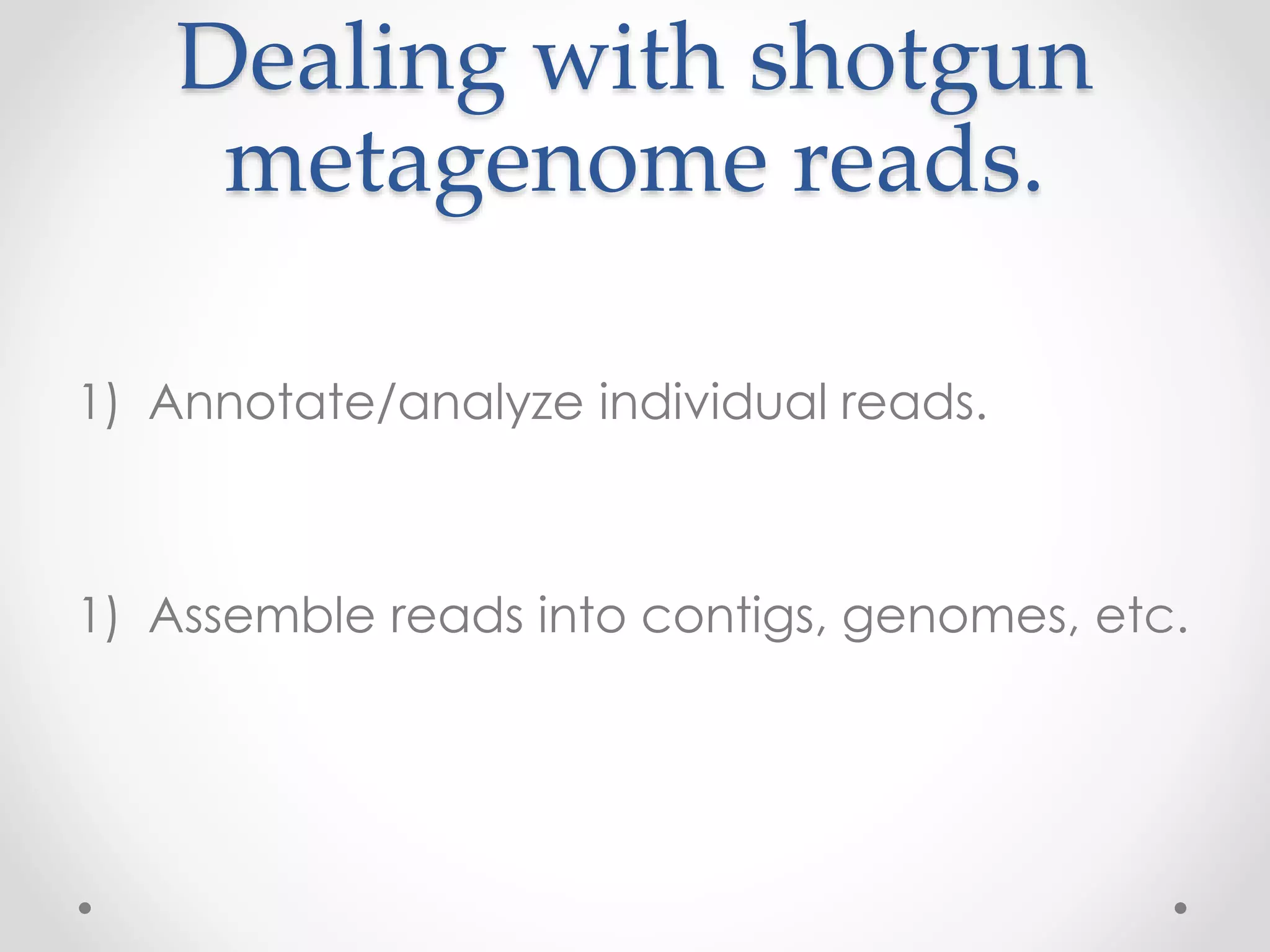 Dealing with shotgun
metagenome reads.
1) Annotate/analyze individual reads.
1) Assemble reads into contigs, genomes, etc.
 