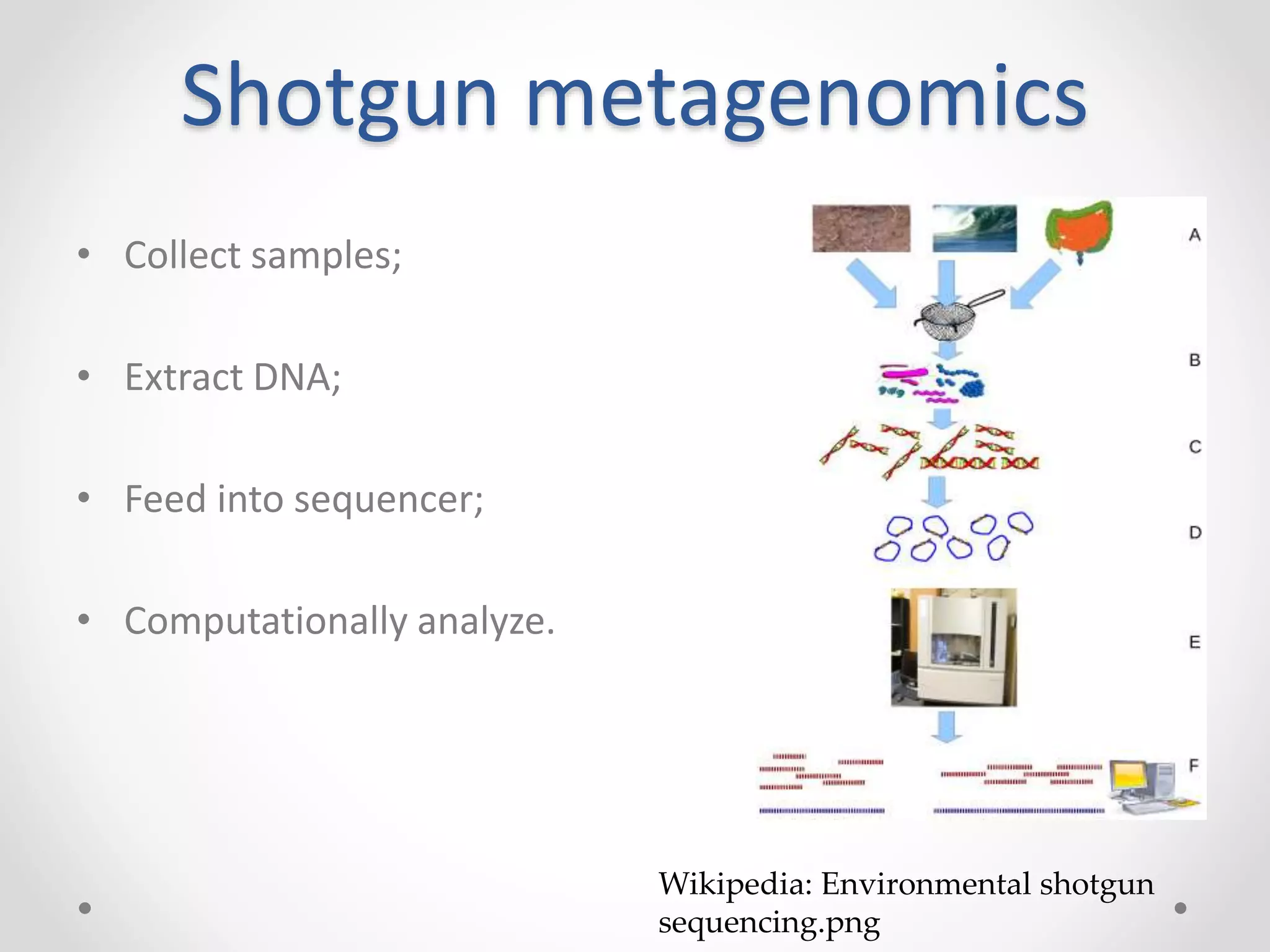 Shotgun metagenomics
• Collect samples;
• Extract DNA;
• Feed into sequencer;
• Computationally analyze.
Wikipedia: Environmental shotgun
sequencing.png
 