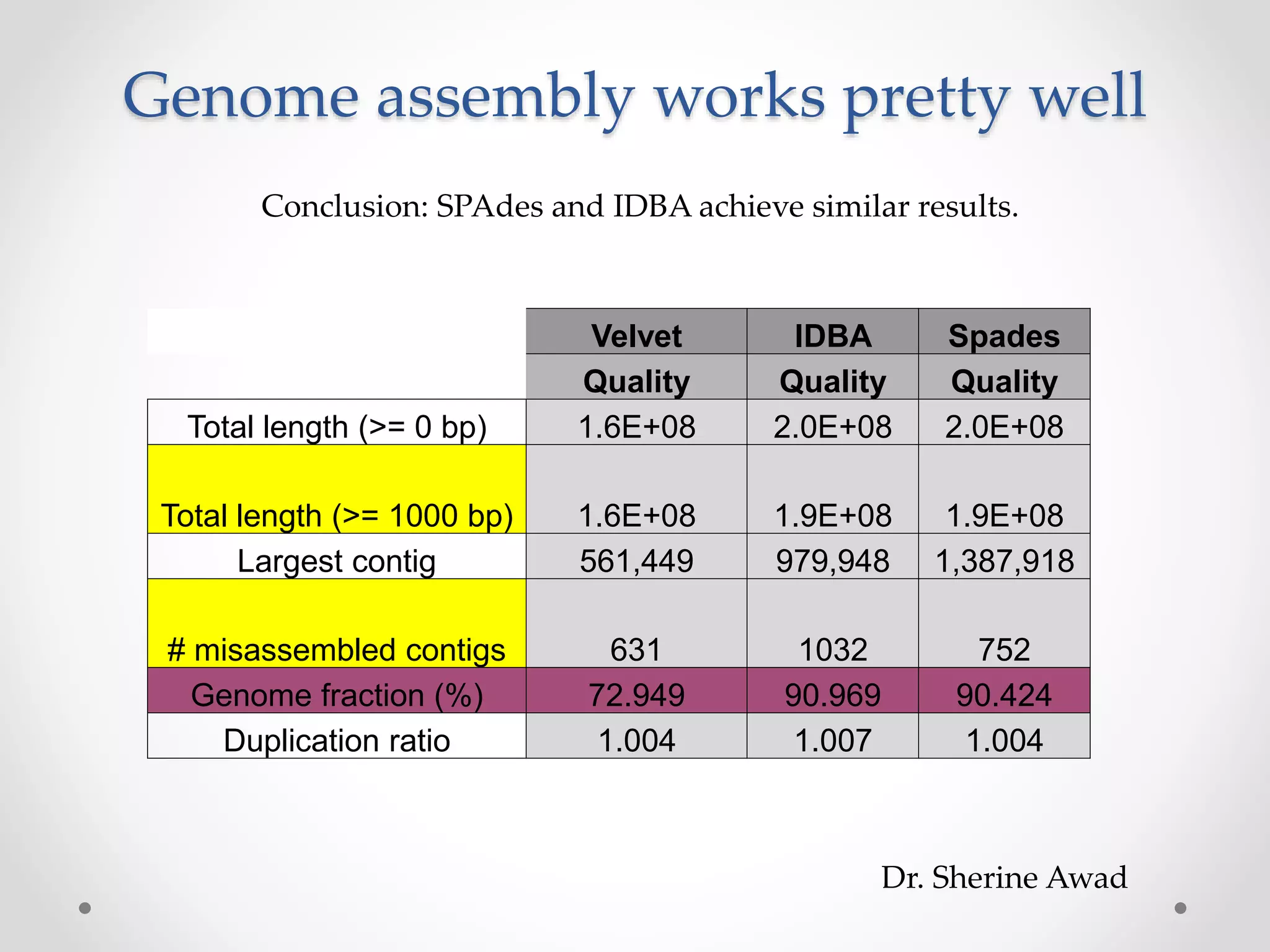 Genome assembly works pretty well
Velvet IDBA Spades
Quality Quality Quality
Total length (>= 0 bp) 1.6E+08 2.0E+08 2.0E+08
Total length (>= 1000 bp) 1.6E+08 1.9E+08 1.9E+08
Largest contig 561,449 979,948 1,387,918
# misassembled contigs 631 1032 752
Genome fraction (%) 72.949 90.969 90.424
Duplication ratio 1.004 1.007 1.004
Conclusion: SPAdes and IDBA achieve similar results.
Dr. Sherine Awad
 