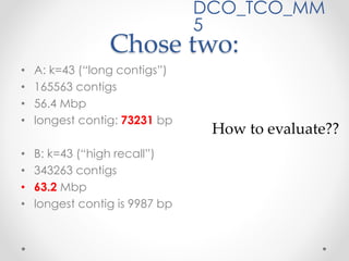 Chose two:
• A: k=43 (“long contigs”)
• 165563 contigs
• 56.4 Mbp
• longest contig: 73231 bp
• B: k=43 (“high recall”)
• 343263 contigs
• 63.2 Mbp
• longest contig is 9987 bp
DCO_TCO_MM
5
How to evaluate??
 