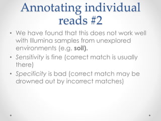 Annotating individual
reads #2
• We have found that this does not work well
with Illumina samples from unexplored
environments (e.g. soil).
• Sensitivity is fine (correct match is usually
there)
• Specificity is bad (correct match may be
drowned out by incorrect matches)
 