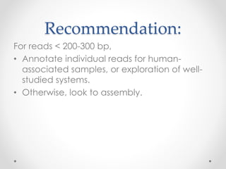 Recommendation:
For reads < 200-300 bp,
• Annotate individual reads for human-
associated samples, or exploration of well-
studied systems.
• Otherwise, look to assembly.
 