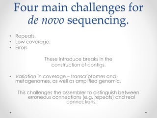 Four main challenges for
de novo sequencing.
• Repeats.
• Low coverage.
• Errors
These introduce breaks in the
construction of contigs.
• Variation in coverage – transcriptomes and
metagenomes, as well as amplified genomic.
This challenges the assembler to distinguish between
erroneous connections (e.g. repeats) and real
connections.
 