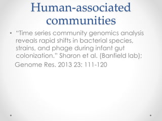 Human-associated
communities
• “Time series community genomics analysis
reveals rapid shifts in bacterial species,
strains, and phage during infant gut
colonization.” Sharon et al. (Banfield lab);
Genome Res. 2013 23: 111-120
 