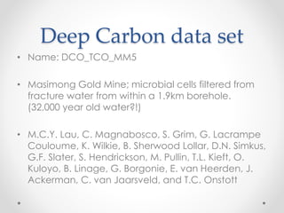 Deep Carbon data set
• Name: DCO_TCO_MM5
• Masimong Gold Mine; microbial cells filtered from
fracture water from within a 1.9km borehole.
(32,000 year old water?!)
• M.C.Y. Lau, C. Magnabosco, S. Grim, G. Lacrampe
Couloume, K. Wilkie, B. Sherwood Lollar, D.N. Simkus,
G.F. Slater, S. Hendrickson, M. Pullin, T.L. Kieft, O.
Kuloyo, B. Linage, G. Borgonie, E. van Heerden, J.
Ackerman, C. van Jaarsveld, and T.C. Onstott
 