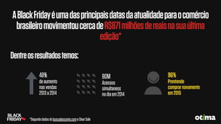 ABlackFridayéumadasprincipaisdatasdaatualidadeparaocomércio
brasileiromovimentoucercadeR$871milhõesdereaisnasuaúltima
edição*
*Segundodadosdobuscadesconto.comeClearSale
Dentreosresultadostemos:
48%
deaumento
nasvendas
2013a2014
80M
Acessos
simultaneos
nodiaem2014
96%
Prentende
comprarnovamente
em2015
 