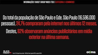 DototaldapopulaçãodeSãoPauloeGde.SãoPaulo(16.596.000
pessoas),24,7%comprarampelainternetnosúltimos12meses.
Destes,82%observaramanúnciospublicitáriosemmídia
exteriornaúltimasemana.
INFORMAÇÕESTARGETGROUPINDEX(TGI)|CATEGORIA:E-COMMERCE
Fonte:TGI(TargetGroupindex)-RMSãoPaulo(agosto/2013aagosto/2014).
 