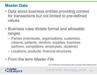 Copyright 2013 by Data Blueprint
Master Data
• Data about business entities providing context
for transactions but not lim...