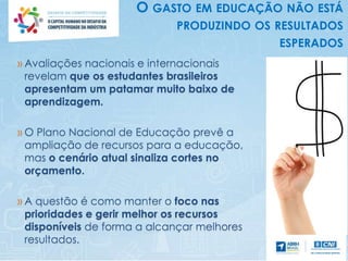 O GASTO EM EDUCAÇÃO NÃO ESTÁ
PRODUZINDO OS RESULTADOS
ESPERADOS
» Avaliações nacionais e internacionais
revelam que os estudantes brasileiros
apresentam um patamar muito baixo de
aprendizagem.
» O Plano Nacional de Educação prevê a
ampliação de recursos para a educação,
mas o cenário atual sinaliza cortes no
orçamento.
» A questão é como manter o foco nas
prioridades e gerir melhor os recursos
disponíveis de forma a alcançar melhores
resultados.
 