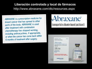 Liberación controlada y local de fármacos
http://www.abraxane.com/dtc/resources.aspx
 