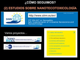 ¿CÓMO SEGUIMOS?
(2) ESTUDIOS SOBRE NANOTECOTOXICOLOGÍA
http://www.siinn.eu/en/
Varios proyectos…
 