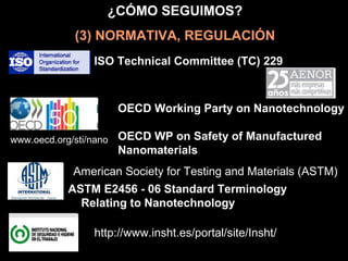 ¿CÓMO SEGUIMOS?
(3) NORMATIVA, REGULACIÓN
ISO Technical Committee (TC) 229
www.oecd.org/sti/nano
OECD Working Party on Nanotechnology
OECD WP on Safety of Manufactured
Nanomaterials
ASTM E2456 - 06 Standard Terminology
Relating to Nanotechnology
American Society for Testing and Materials (ASTM)
http://www.insht.es/portal/site/Insht/
 