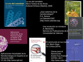 ¿Qué sabemos de la
nanotecnología?
P.A. Serena
La Catarata-CSIC
(http://www.catarata.org)
Aplicaciones Industriales de la
Nanotecnología en España en el
Horizonte 2020
VV.AA (http://www.opti.es)
Una revolución en miniatura
A. Menéndez
Servicio de Publicaciones de la
Universidad de Valencia
La era del camaleón
María Teresa de los Arcos
Editorial Síntesis (Madrid), 2008
Claves para el
Nanomundo
André-Yves Portnoff
COTEC, 2011
http://www.cotec.es/
El nanimundo en tus manos
J.A. Marín Gago
Ed. Crítica (2014)
 