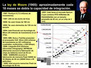 La ley de Moore (1965): aproximadamente cada
18 meses se dobla la capacidad de integración.
•1997: Pentium II (7.5 millones de
transistores)
•1997: 250 nm de ancho de línea
•2000: Se usan líneas de 180 nm
•2002: Se usan elementos de 130 nm de
tamaño
•2004: Intel Prescott con tecnología de
90nm (55 millones de transistores en el
chip).
•2005: IBM, Sony y Toshiba presentan
el procesador Cell 65nm (234 millones
de transistores en 221 milímetros
cuadrados, multinúcleo, y 256 Gflops).
•2006: Litografía EUV (Extreme
Ultraviolet Lithography). INFINEON
(Alemania) anuncia la fabricación de
chips de telefonía móvil de 65 nm.
•2006: SAMSUNG anuncia la
fabricación de memoria Flash NAND de
32 Gbytes de 40 nm (36000 fotos o 40
películas).
• 2006: Intel anuncia memorias Flash de
tecnología de 50 nm.
•2007: Intel lanza al mercado Itanium
2 que contiene 410 millones de
transistores con un tamaño
promedio de 45 nm, en un chip de 3
cm2.
 