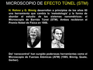 H. Rohrer y G. Binnig desarrollan a principios de los años 80
una herramienta que cambia la ‘metodología’ y la forma de
abordar el estudio de los sistemas nanométricos: el
Microscopio de Barrido Túnel (STM). Ambos recibieron el
Premio Nobel de Física en 1986.
Del ‘nanocontrol’ han surgido poderosas herramientas como el
Microscopio de Fuerzas Atómicas (AFM) (1985, Binnig, Quate,
Gerber).
MICROSCOPIO DE EFECTO TÚNEL (STM)
 
