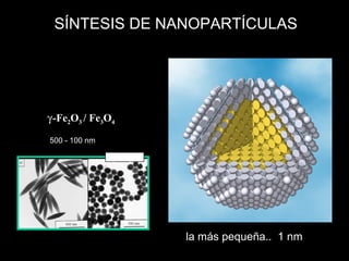 500 - 100 nm
Hydrolysis
γ-Fe2O3 / Fe3O4
la más pequeña.. 1 nm
SÍNTESIS DE NANOPARTÍCULAS
 
