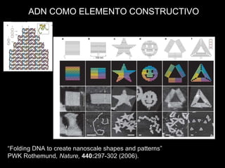 “Folding DNA to create nanoscale shapes and patterns”
PWK Rothemund, Nature, 440:297-302 (2006).
ADN COMO ELEMENTO CONSTRUCTIVO
 