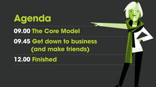 Agenda
09.00 The Core Model
09.45 Get down to business  
(and make friends)
12.00 Finished
 