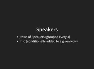 Speakers
Rows of Speakers (grouped every 4)
Info (conditionally added to a given Row)
 