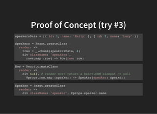 Proof of Concept (try #3)
speakersData = [{ id: 1, name: 'Emily' }, { id: 2, name: 'Lucy' }]
Speakers = React.createClass
render: ->
rows = _.chunk(speakersData, 4)
div className: 'speakers',
rows.map (row) -> Row(row: row)
Row = React.createClass
render: ->
div null, # render must return a React.DOM element or null
@props.row.map (speaker) -> Speaker(speaker: speaker)
Speaker = React.createClass
render: ->
div className: 'speaker', @props.speaker.name
 
