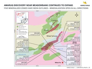 AGNICO EAGLE | CORPORATE UPDATE | 20
AMARUQ DISCOVERY NEAR MEADOWBANK CONTINUES TO EXPAND
FIVE MINERALIZED ZONES HAVE BEEN OUTLINED – MINERALIZATION OPEN IN ALL DIRECTIONS
 