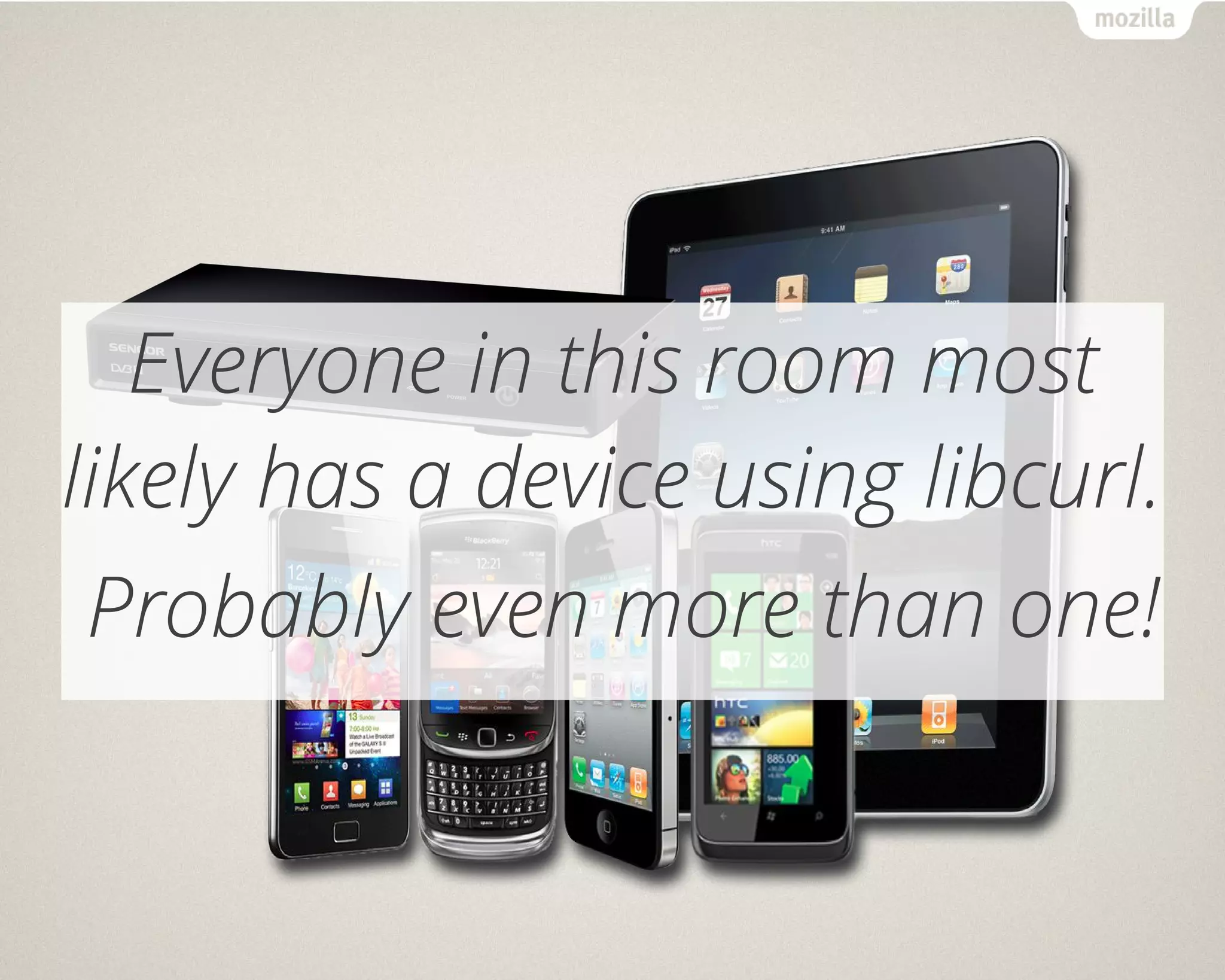 Everyone in this room most
likely has a device using libcurl.
Probably even more than one!
 