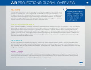 8 
© 2014 Global Business Travel Association (GBTA) and its affiliates. All rights reserved. Copyright © CWT 2014. 
8 
ASIA PACIFIC 
We expect price growth of 0.5% in the Asia Pacific region in 2015. Expected price growth is lower than what we have 
observed over the last few years, thanks to factors like the growth in traffic among low cost carrier airlines (e.g. Scoot, 
Air Asia), currently near 26% of total capacity. This trend diminishes the pricing power of many of the legacy carriers, 
particularly on short-haul travel, leading to lower price increases (1.3%) in domestic travel in 2015, with continental 
and intercontinental growing at 0.1% and -0.7%, respectively. This is a key trend to monitor as growth in the low-cost 
segments could have significant implications for long- term air pricing in the region. 
EUROPE, MIDDLE EAST & AFRICA 
Europe, the Middle East & Africa is an extremely diverse region, which is highlighted by divergent pricing trends and expectations in airfare. Travel demand 
is expanding more rapidly than the general economy across the region, helping to drive prices, but much of this impact will be tempered by falling load 
factors and pricing pressure from low-cost carriers (e.g. EasyJet, Ryan Air) in the region. In aggregate, we expect 1% price growth across the region. Air 
prices in Eastern Europe are expected to remain flat in 2015 due to sluggish demand and abundant capacity, particularly to Western European destinations. 
Domestic air prices will grow 2%, however, driven by strong demand in emerging markets. Air price performance will be much stronger in the Middle East 
& Africa (1.9%) as we expect price growth will be driven by an increasing demand from African markets with no strong capacity development and stronger 
pressure on the yields on intra Middle East routes. 
LATIN AMERICA 
Air prices in Latin America are expected to rise 3.5% in 2015. Airlines in Latin America have been expanding capacity in 2014, particularly in Brazil as they 
scramble to fulfill demand brought on by the World Cup. We expect that demand throughout the region will moderate in 2015 and capacity will return to 
more normal levels. Many risks to the forecast for air prices remain, including spikes in key supplier inputs like labor and oil, and runaway inflation, particularly 
in Argentina and Venezuela. 
NORTH AMERICA 
We expect air prices in North America to rise 2.5% in 2015. Airline consolidation and plummeting capacity are two key factors driving the increases. The 
impact is particularly relevant in the U.S. as the US Airways/American Airlines merger followed by the joint venture of Delta and Virgin Atlantic essentially 
leaves three major carriers in the U.S. and puts pricing power firmly in the hands of airlines. 
AIR PROJECTIONS: GLOBAL OVERVIEW 
Healthy demand will 
also be tempered by 
pricing pressure from 
low-cost carriers in 
most regions. 
! 
 