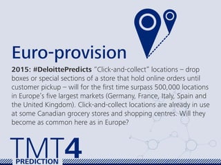 Euro-provision
2015: #DeloittePredicts “Click-and-collect” locations – drop
boxes or special sections of a store that hold...