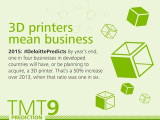 3D printers
mean business
2015: #DeloittePredicts By year’s end,
one in four businesses in developed
countries will have, ...
