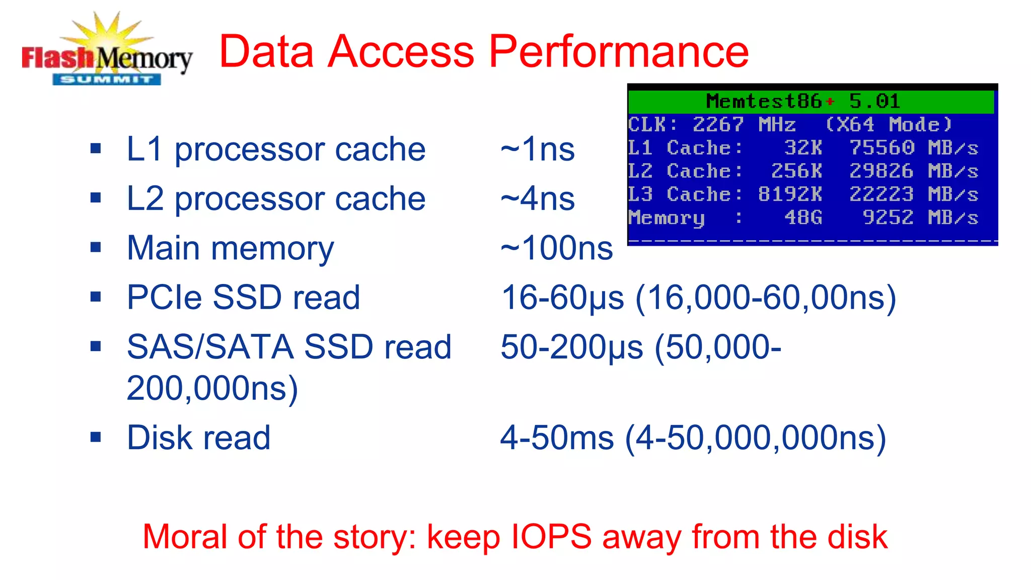 Data Access Performance
 L1 processor cache ~1ns
 L2 processor cache ~4ns
 Main memory ~100ns
 PCIe SSD read 16-60μs (16,000-60,00ns)
 SAS/SATA SSD read 50-200μs (50,000-
200,000ns)
 Disk read 4-50ms (4-50,000,000ns)
Moral of the story: keep IOPS away from the disk
 