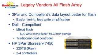 Legacy Vendors All Flash Array
 3Par and Compellent’s data layout better for flash
• Easier tiering, less write amplification
 Dell - Compellent
• Mixed flash
– SLC write cache/buffer, MLC main storage
• Traditional dual controller
 HP 3Par Storeserv 7450
• 220TB (Raw)
• 2-4 controllers
 
