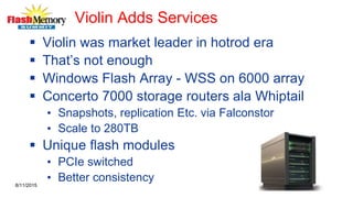 Violin Adds Services
 Violin was market leader in hotrod era
 That’s not enough
 Windows Flash Array - WSS on 6000 array
 Concerto 7000 storage routers ala Whiptail
• Snapshots, replication Etc. via Falconstor
• Scale to 280TB
 Unique flash modules
• PCIe switched
• Better consistency8/11/2015
 